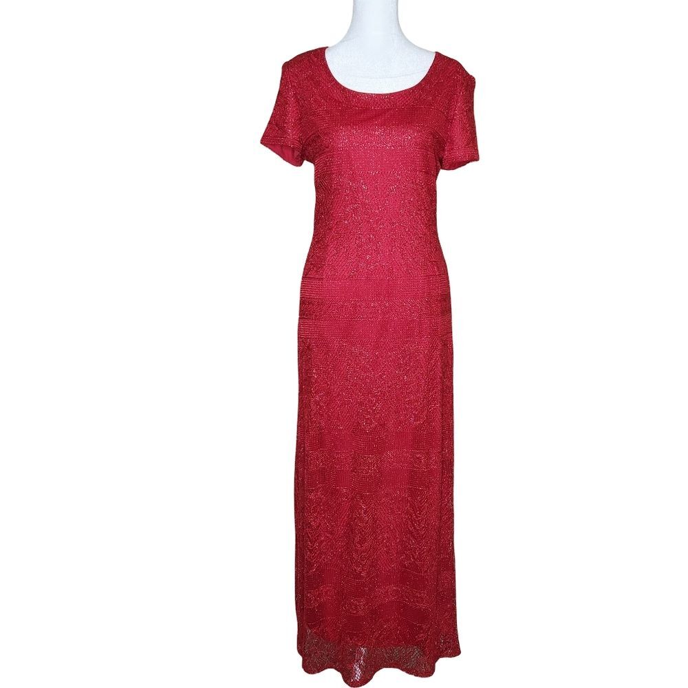 Vintage 90s Jessica Howard Red Metallic Glitter Lace Maxi Dress Size 10 Elegant